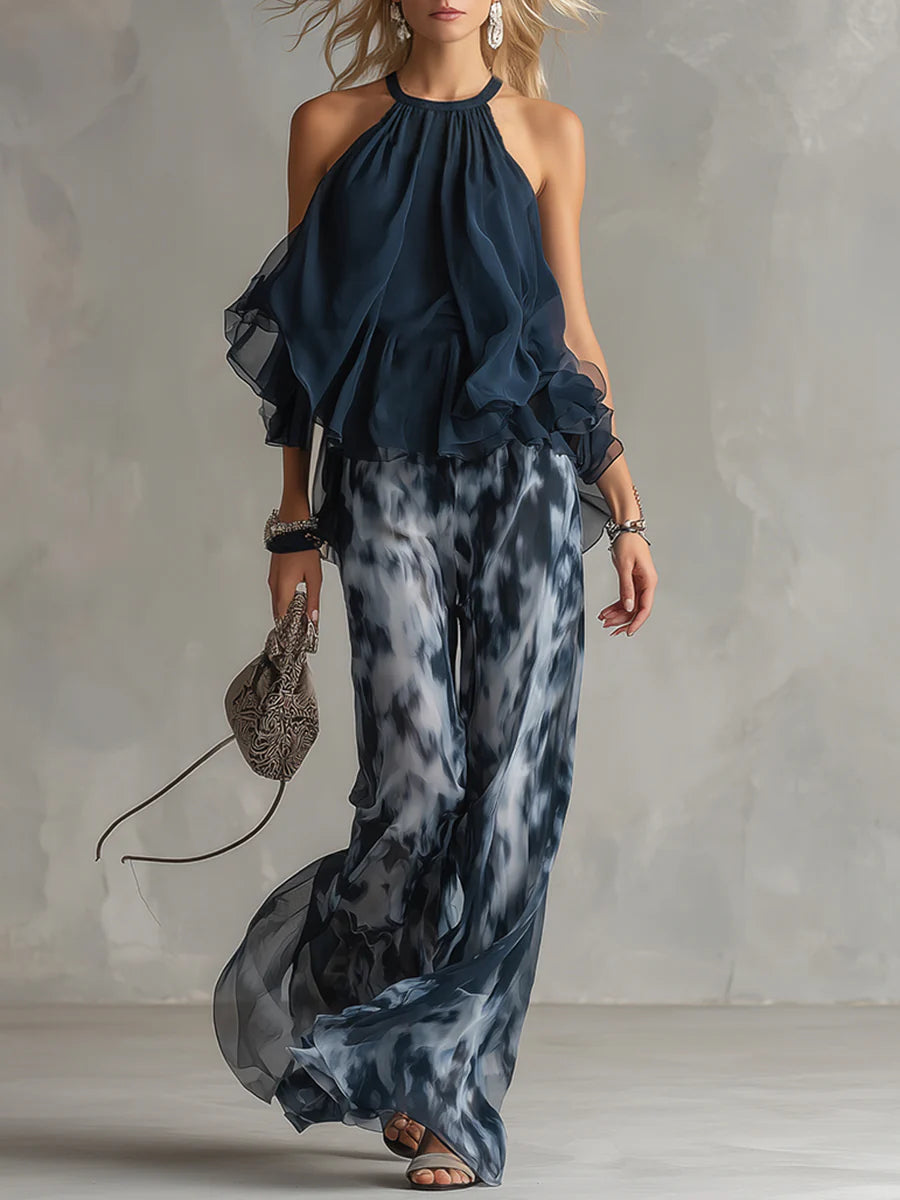 Navy Printed Halter Top and Wide-Leg Chiffon Set