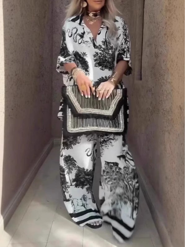 Printed V-Neck Top and Wide-Leg Pants Set