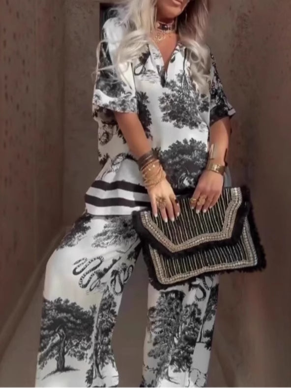 Printed V-Neck Top and Wide-Leg Pants Set