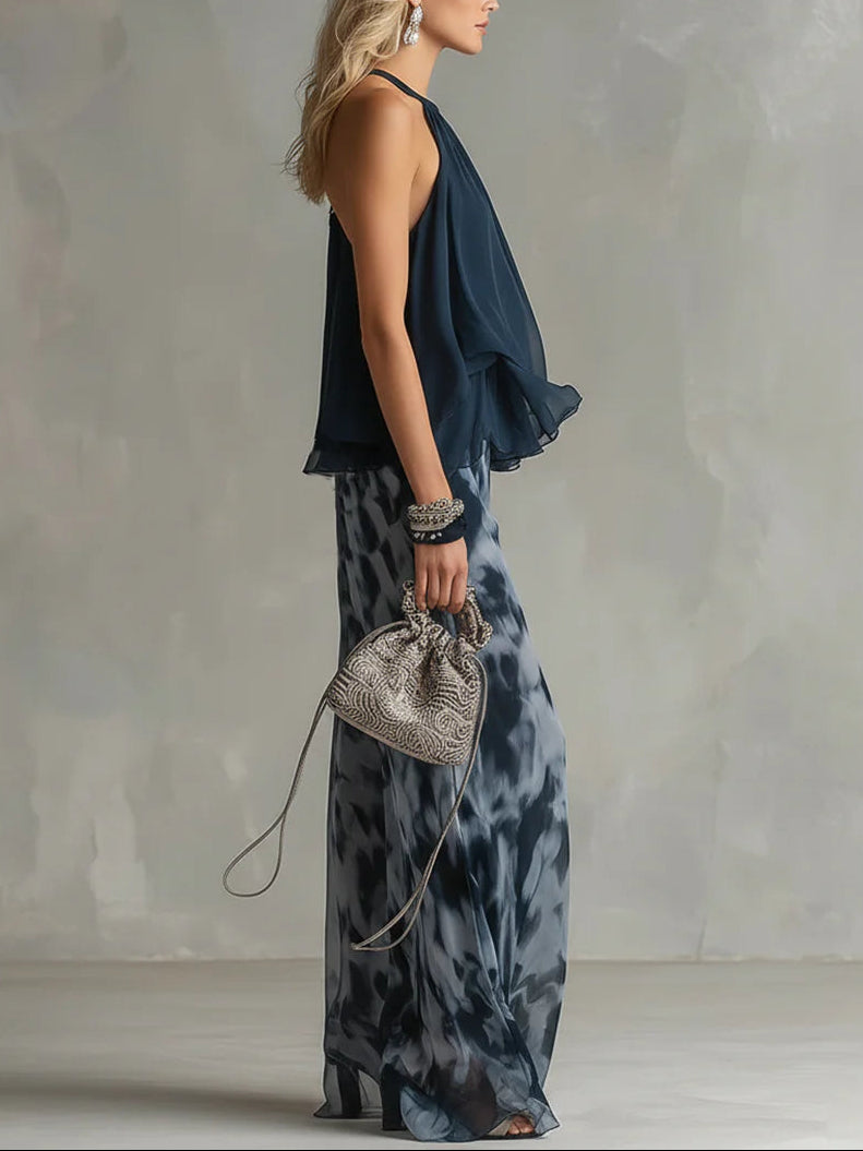 Navy Printed Halter Top and Wide-Leg Chiffon Set