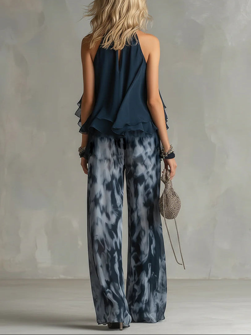 Navy Printed Halter Top and Wide-Leg Chiffon Set