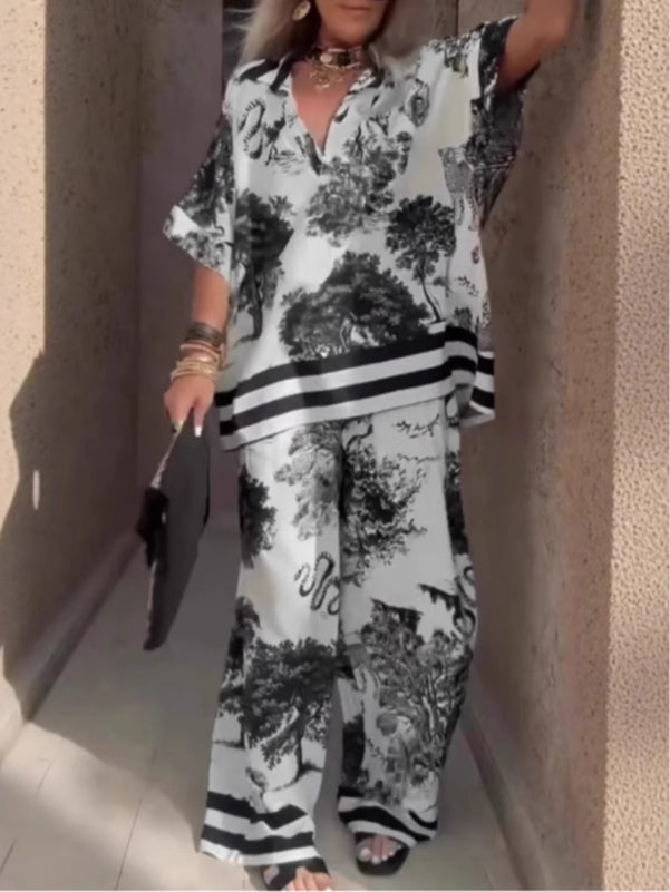 Printed V-Neck Top and Wide-Leg Pants Set