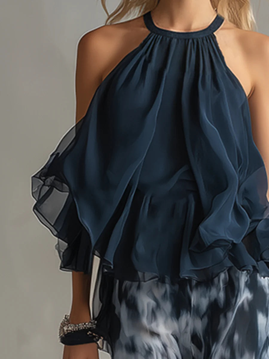 Navy Printed Halter Top and Wide-Leg Chiffon Set