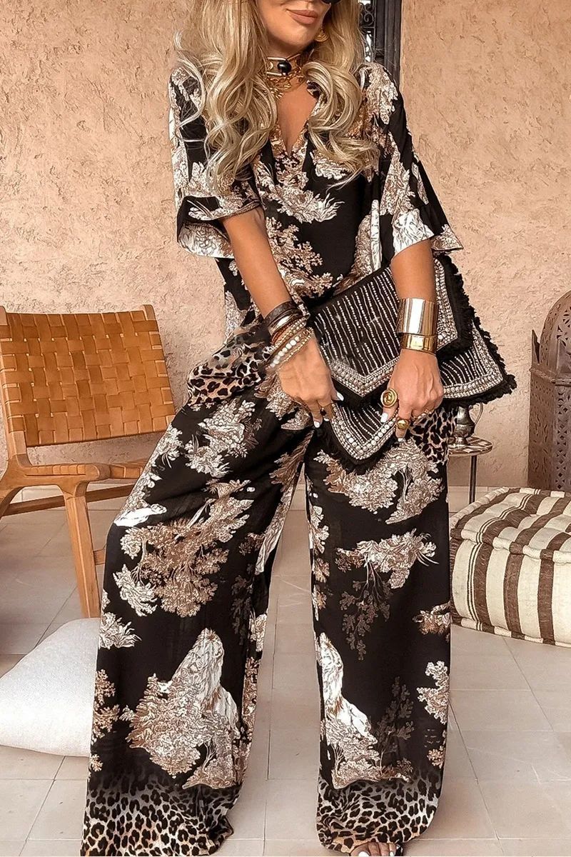 Printed V-Neck Top and Wide-Leg Pants Set