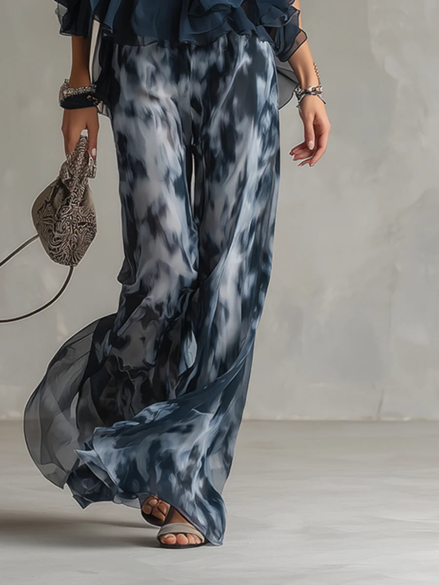 Navy Printed Halter Top and Wide-Leg Chiffon Set