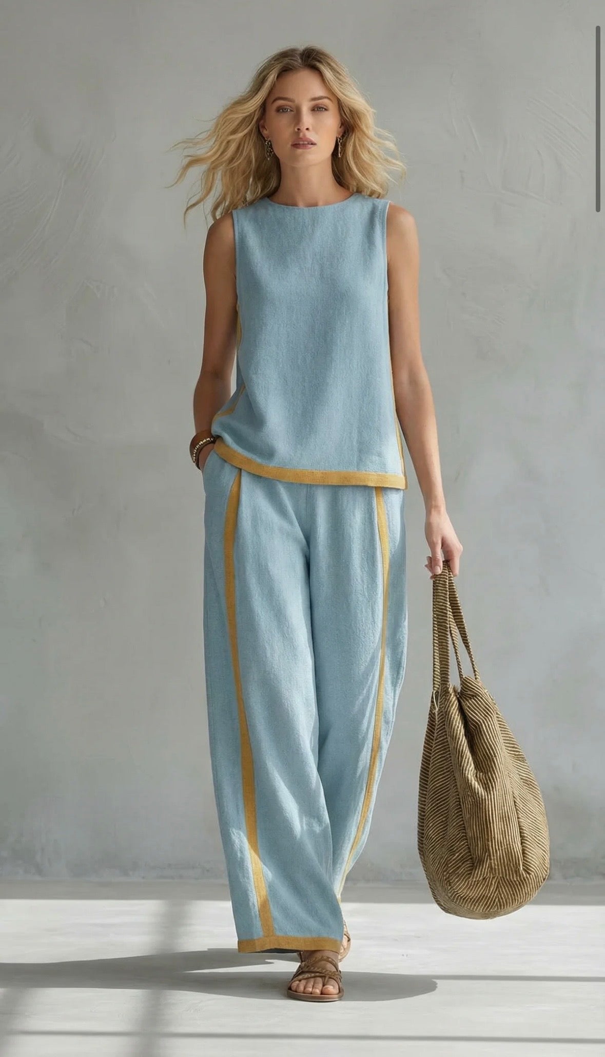 Leila™ Complete vest and trousers in two-tone grey cotton-linen