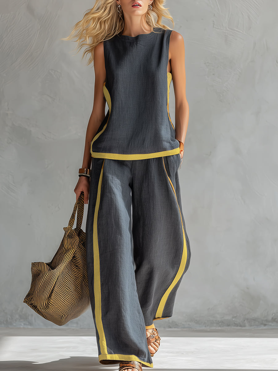 Leila™ Complete vest and trousers in two-tone grey cotton-linen