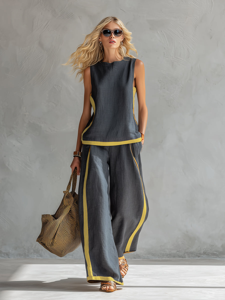Leila™ Complete vest and trousers in two-tone grey cotton-linen