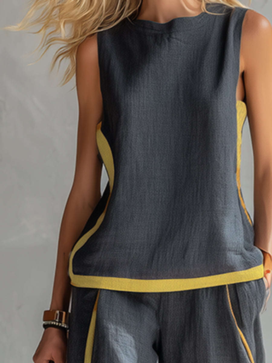 Leila™ Complete vest and trousers in two-tone grey cotton-linen
