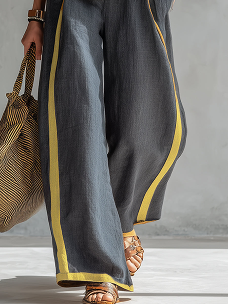 Leila™ Complete vest and trousers in two-tone grey cotton-linen