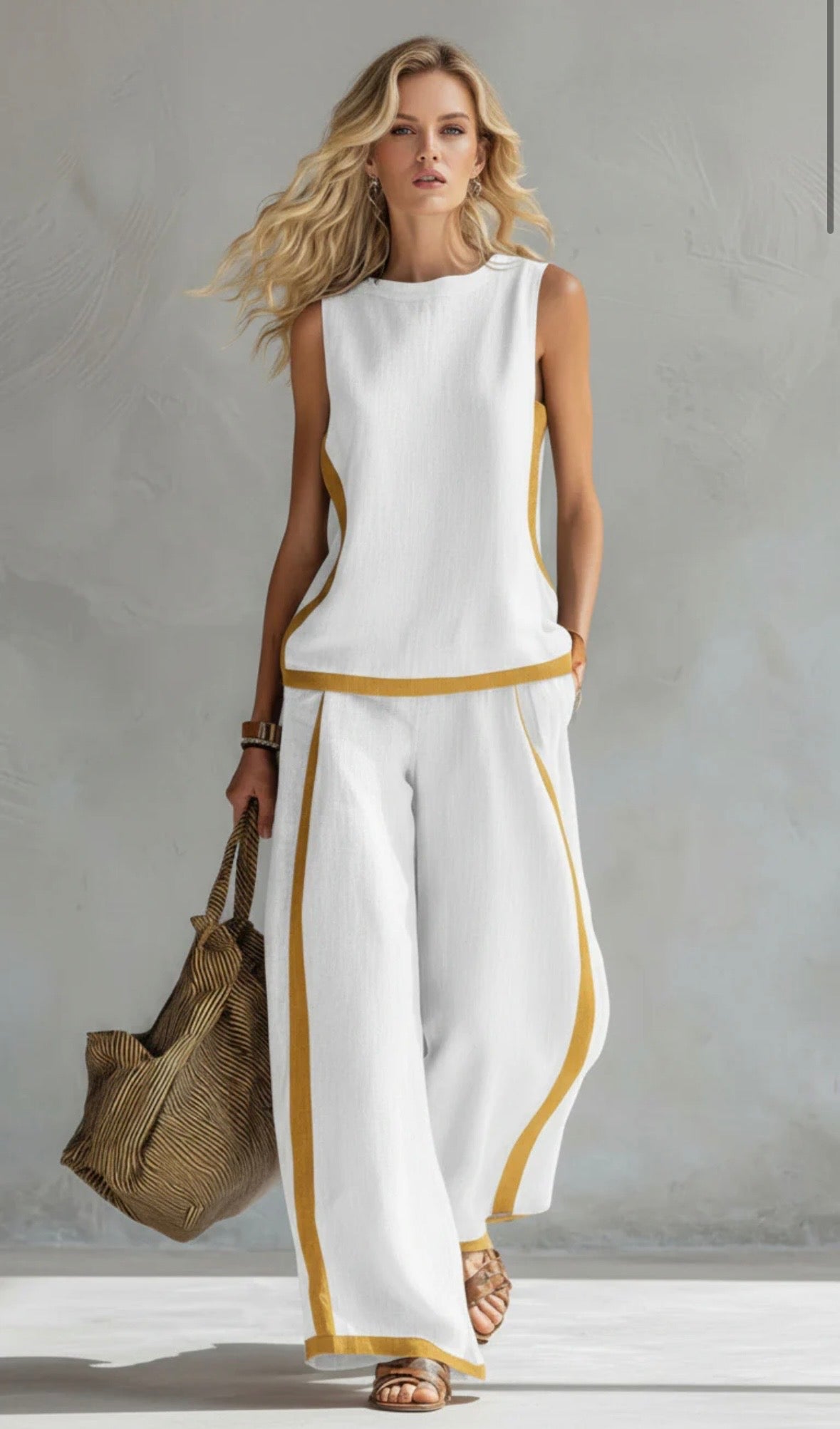 Leila™ Complete vest and trousers in two-tone grey cotton-linen