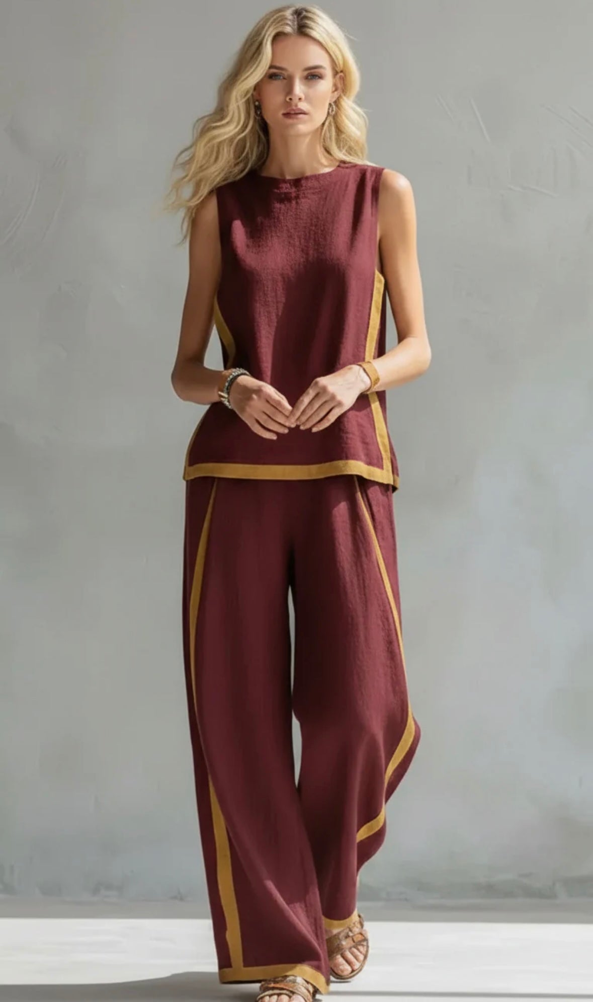Leila™ Complete vest and trousers in two-tone grey cotton-linen
