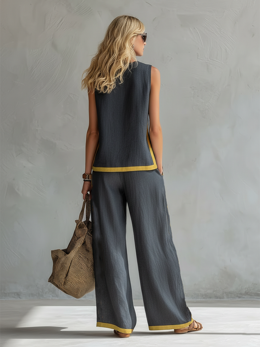 Leila™ Complete vest and trousers in two-tone grey cotton-linen