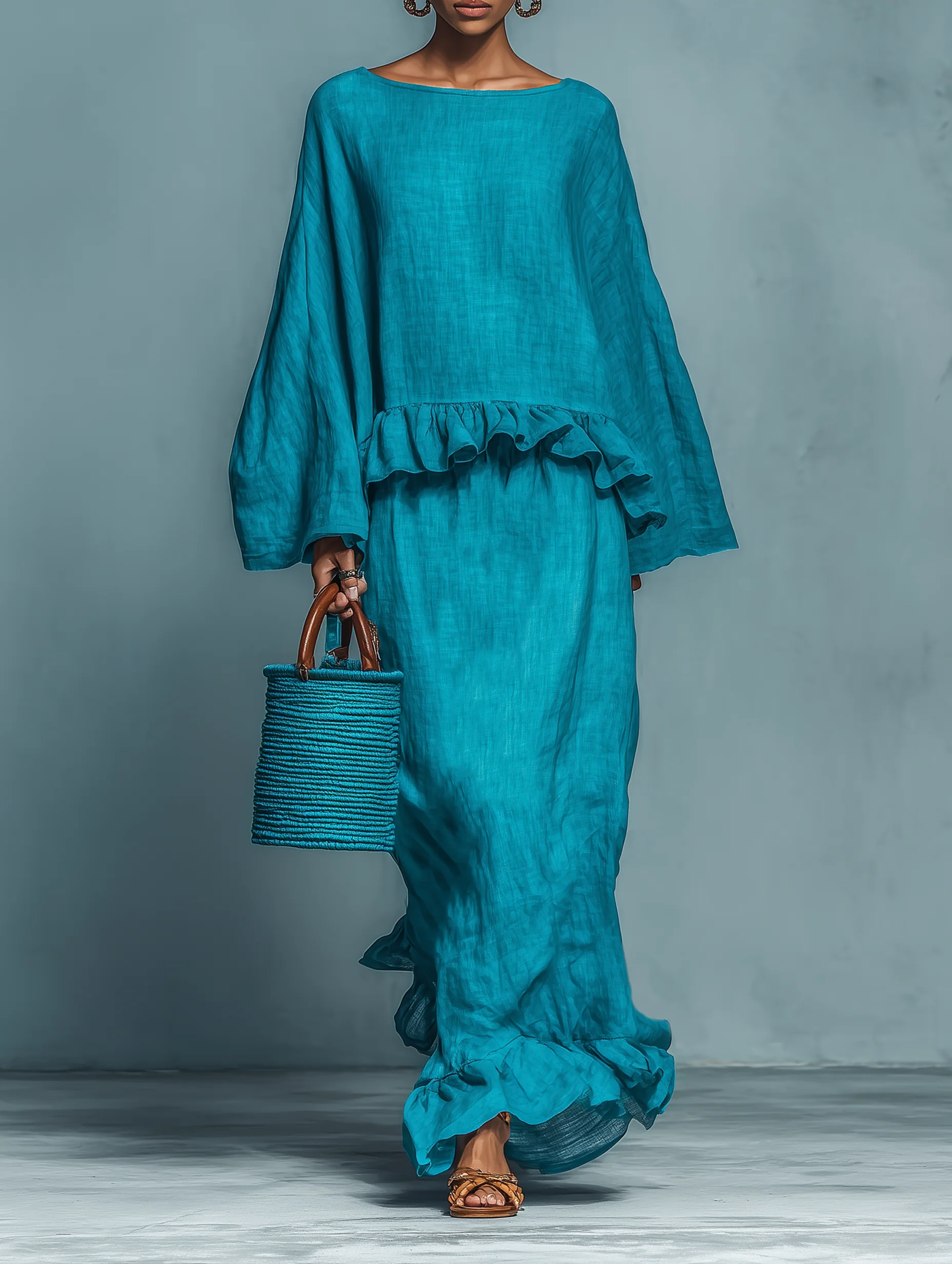 Blue Textured Blouse and Midi Skirt Set