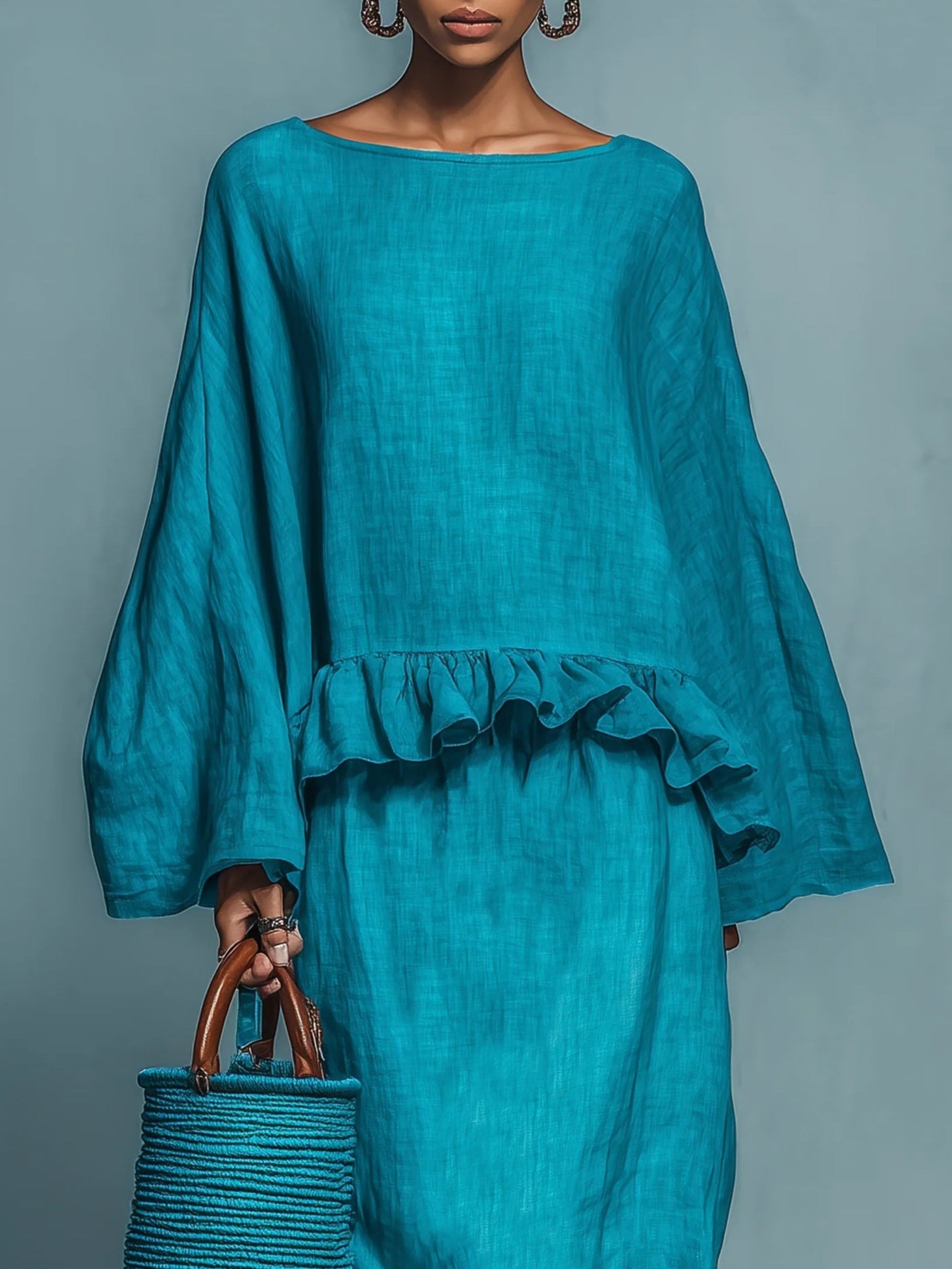 Blue Textured Blouse and Midi Skirt Set