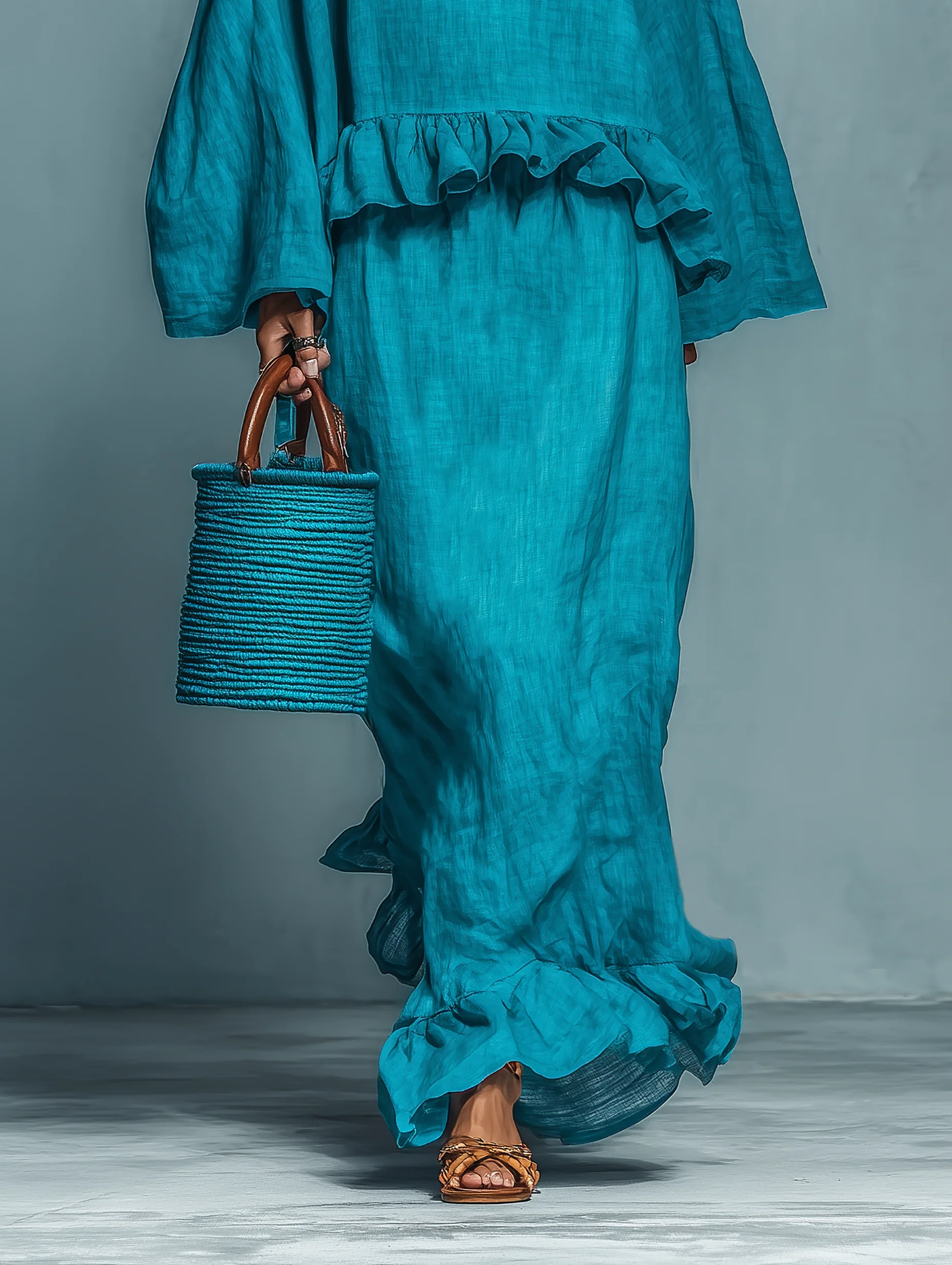 Blue Textured Blouse and Midi Skirt Set