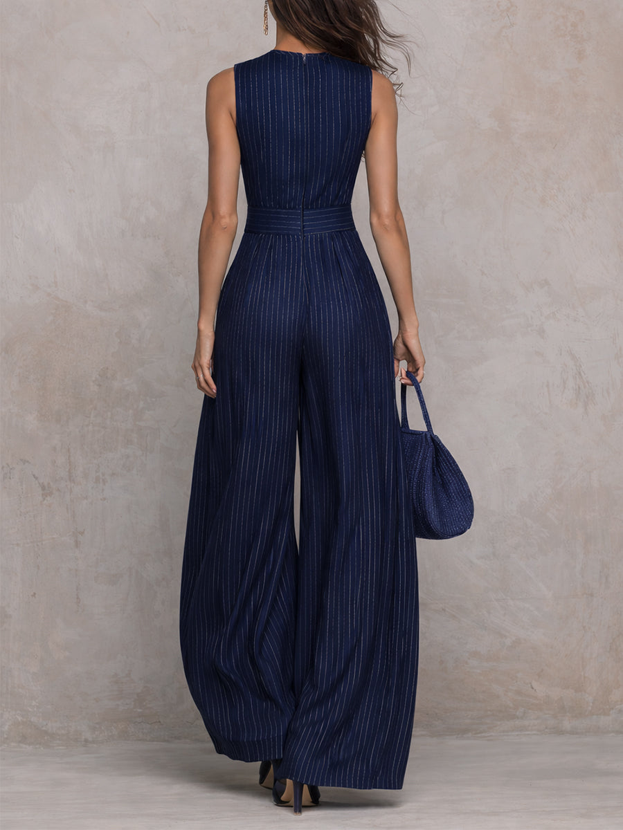 Dark Blue Striped Keyhole Jumpsuit with Wide Legs