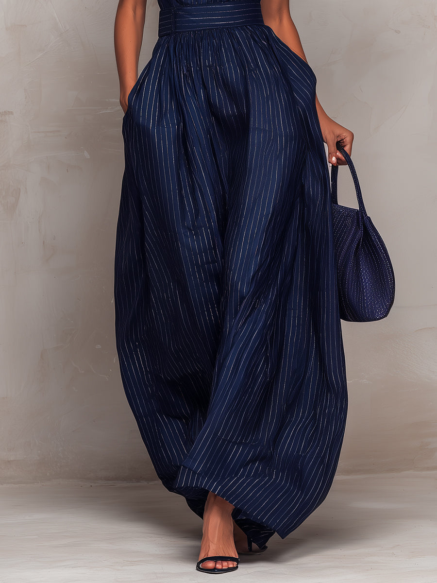 Dark Blue Striped Keyhole Jumpsuit with Wide Legs