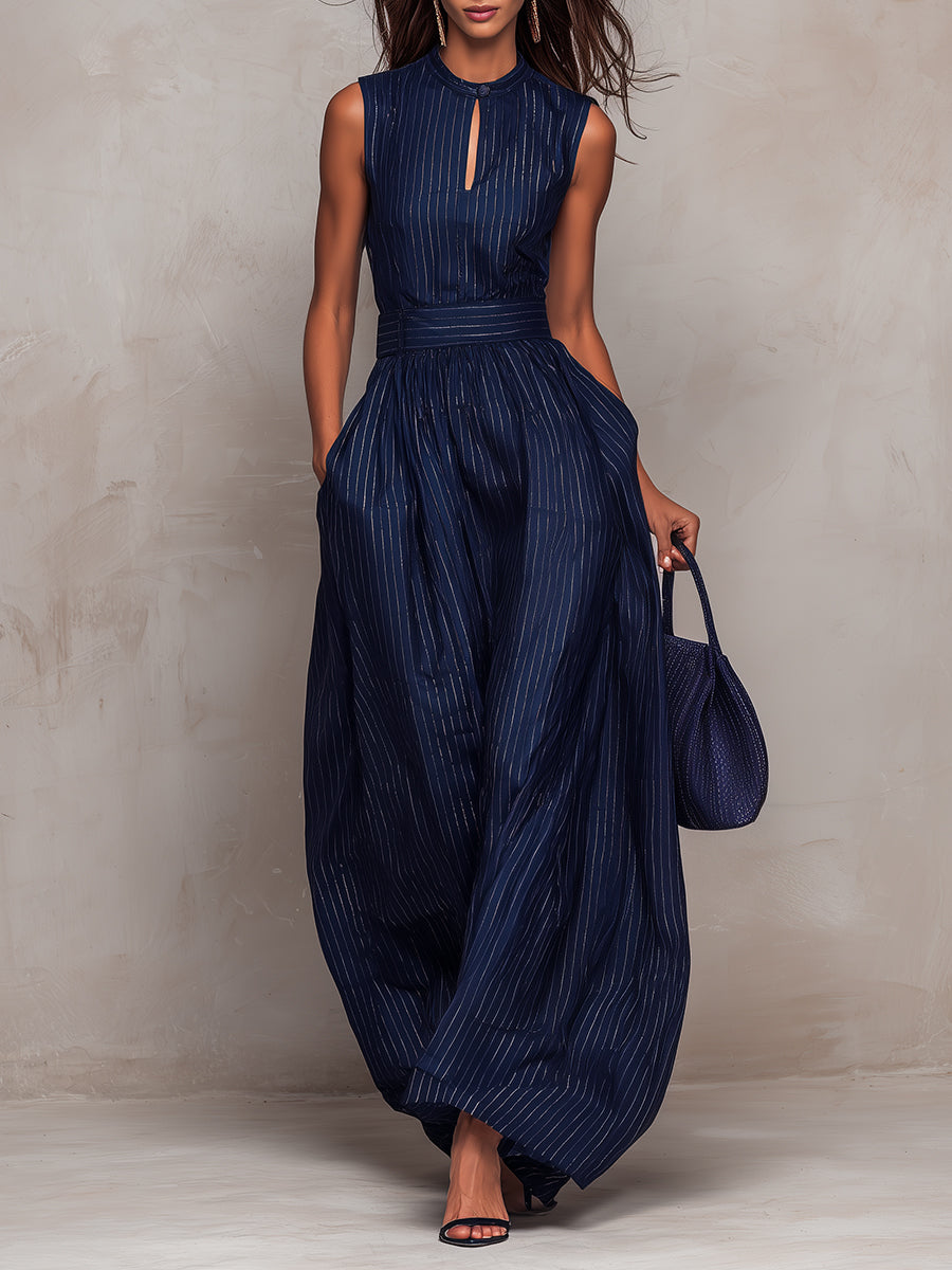 Dark Blue Striped Keyhole Jumpsuit with Wide Legs