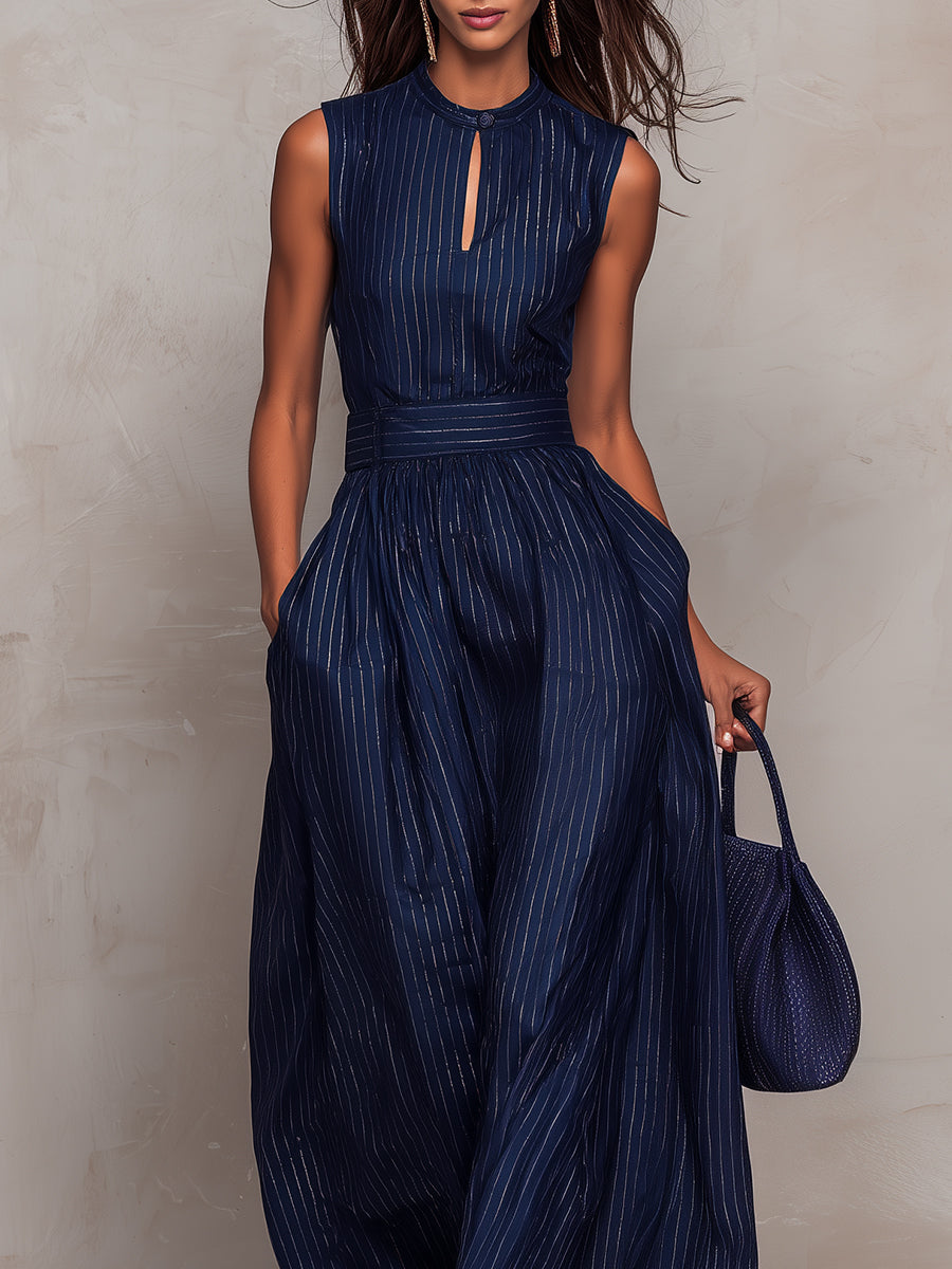 Dark Blue Striped Keyhole Jumpsuit with Wide Legs