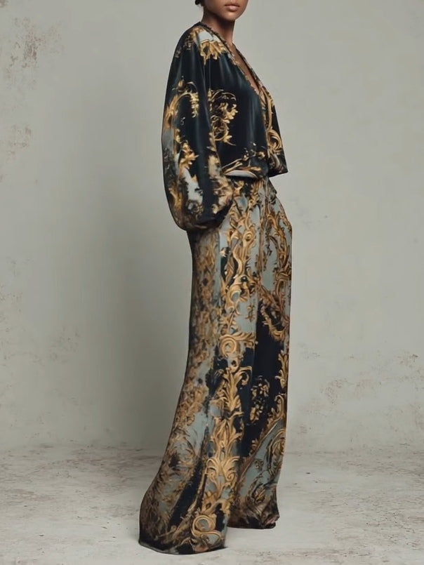 Baroque Floral Print Top and Wide-Leg Pants Set