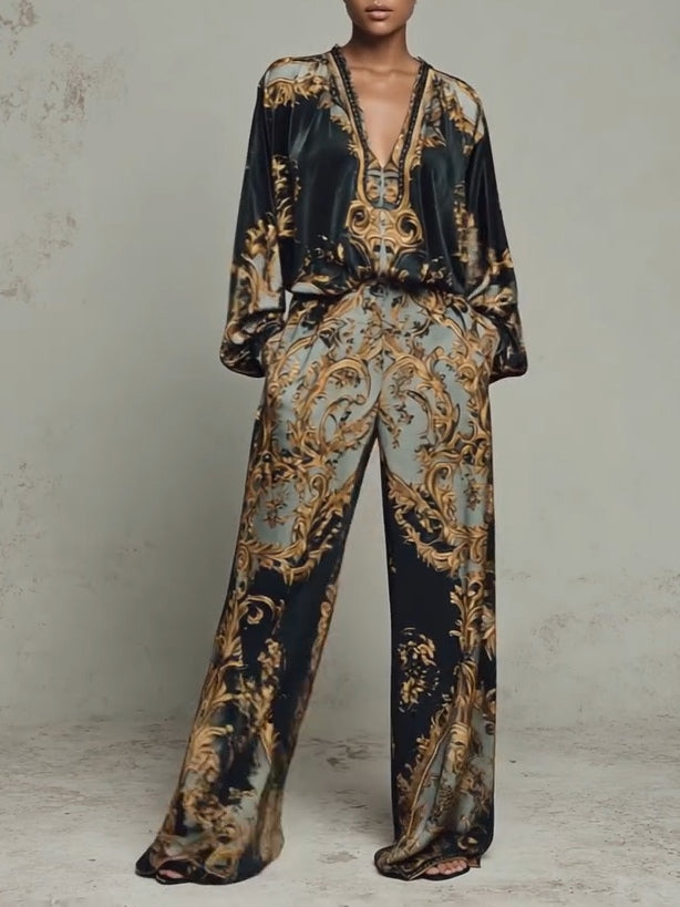 Baroque Floral Print Top and Wide-Leg Pants Set