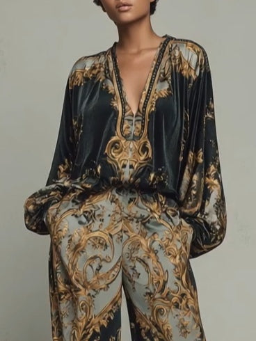 Baroque Floral Print Top and Wide-Leg Pants Set