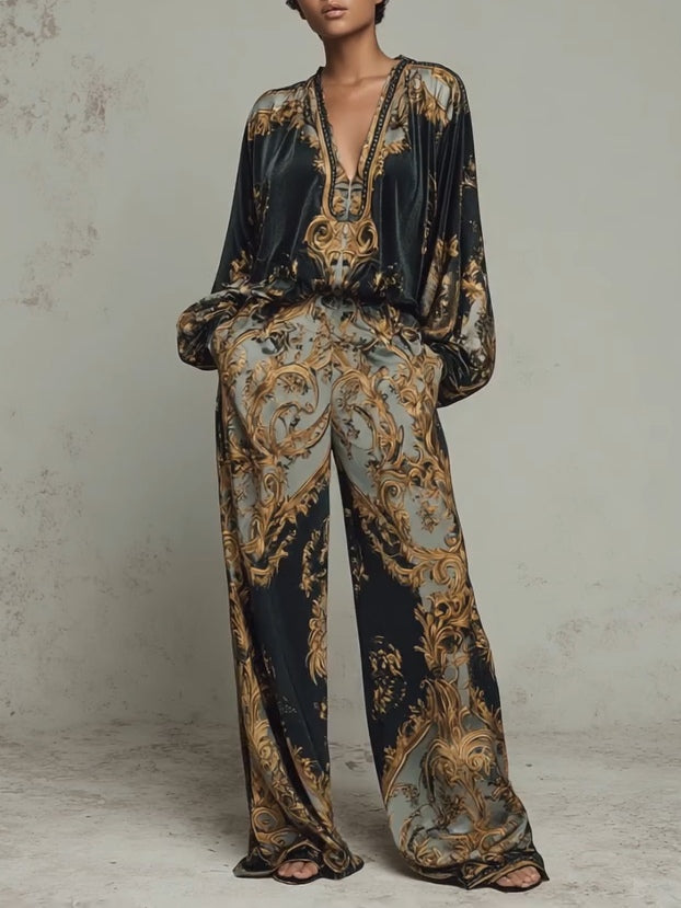 Baroque Floral Print Top and Wide-Leg Pants Set