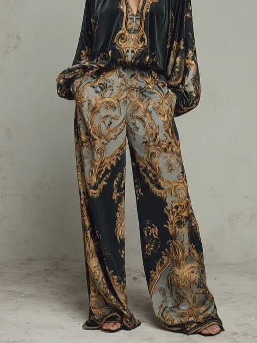 Baroque Floral Print Top and Wide-Leg Pants Set